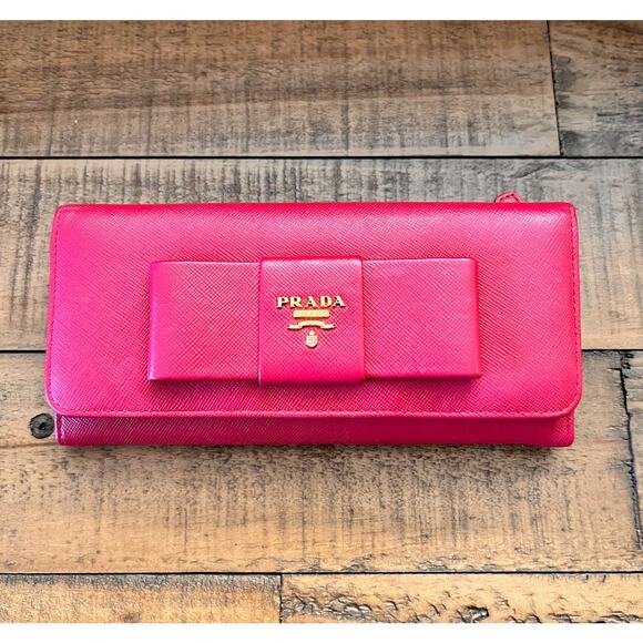 PRADA Pink Saffiano Leather Continental Bow Wallet With Authenticity Card - Picture 1 of 15